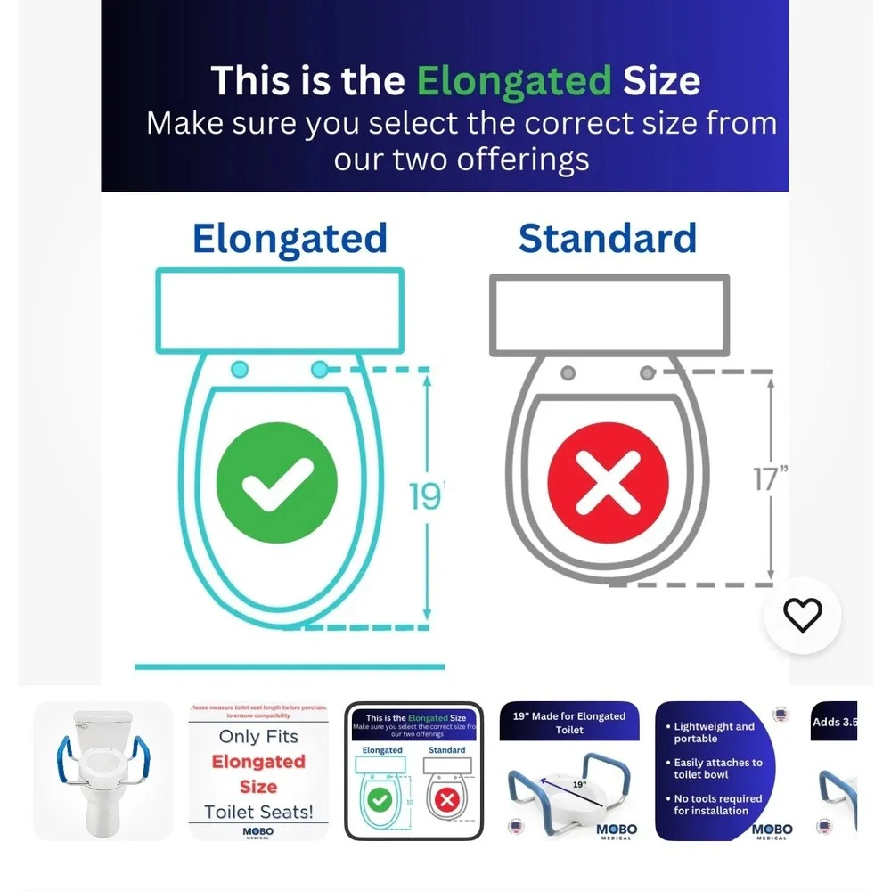 MOBO MEDICAL Heavy Duty Elongated Toilet Seat Riser‎ 3.5 Inch Lift 300 pound max